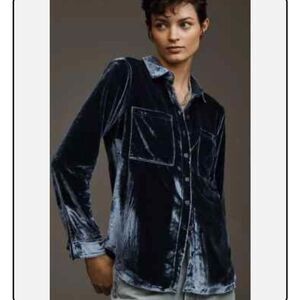 Anthropologie Pilcro Hadley Relaxed Velvet Buttondown Shirt Sapphire Blue